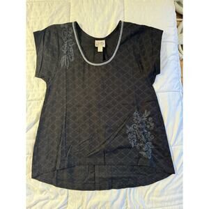 Classic Romantic 100% Cotton Women's Black Blue Gray Floral Embroidered Shirt